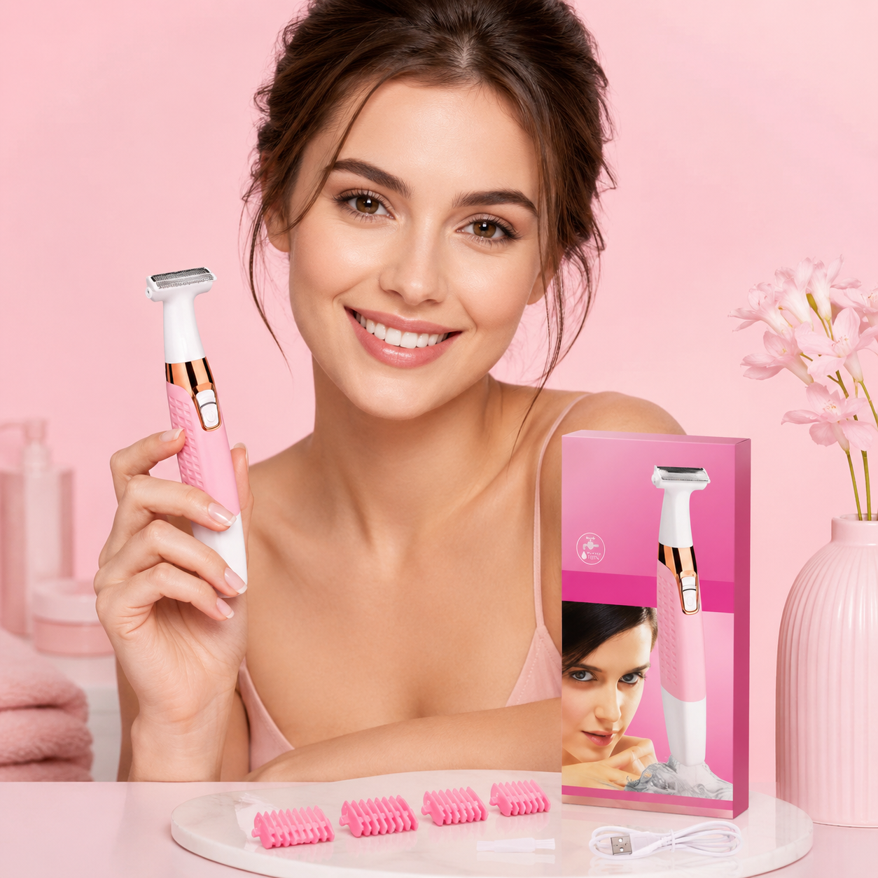 Modelo sorrindo com trimmer feminino Kemei