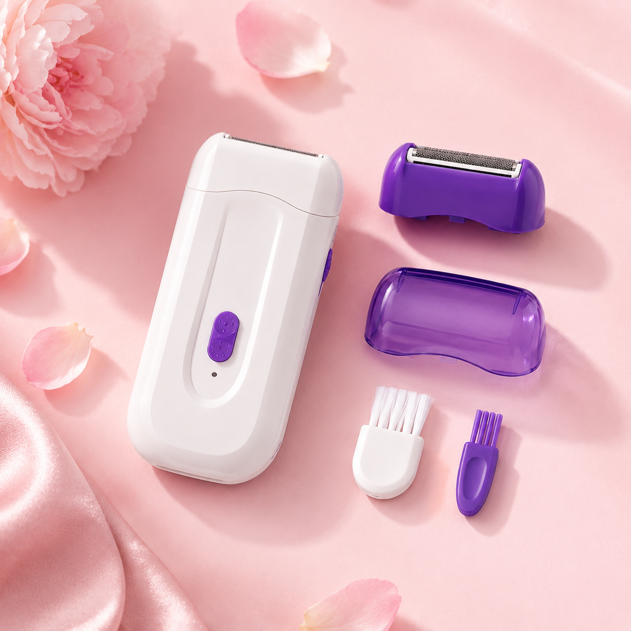 Depilador elétrico roxo branco com acessórios